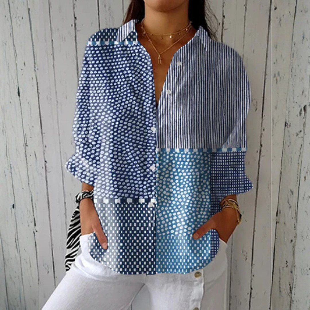 Olivia™ Ocean Patchwork Blouse by Emma & Rose Cape Town, multicolor patchwork design, lightweight fabric, long sleeves, casual style.