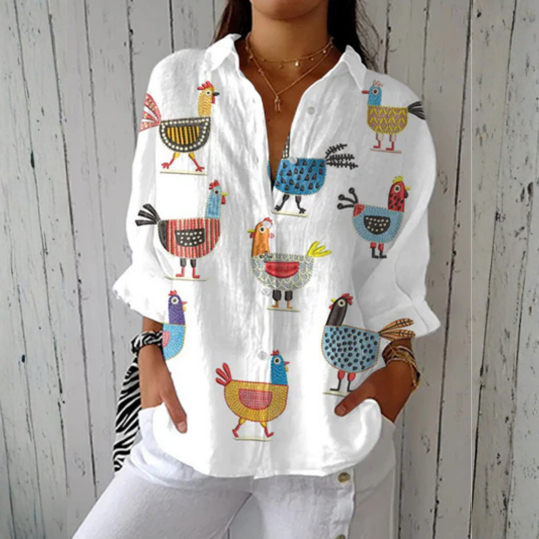 Multicolor Samantha™ Playful Hen Blouse by Emma & Rose Cape Town, lightweight fabric with playful hen pattern, UK size 8.