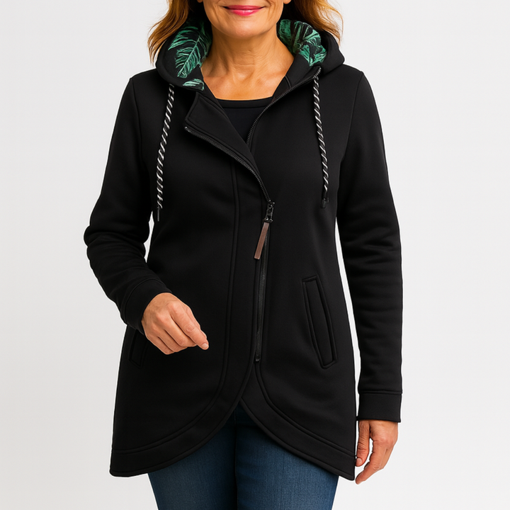 Eleonora™ winter coat by Emma & Rose Cape Town featuring an asymmetric zip and stylish design, shown in a close-up view.