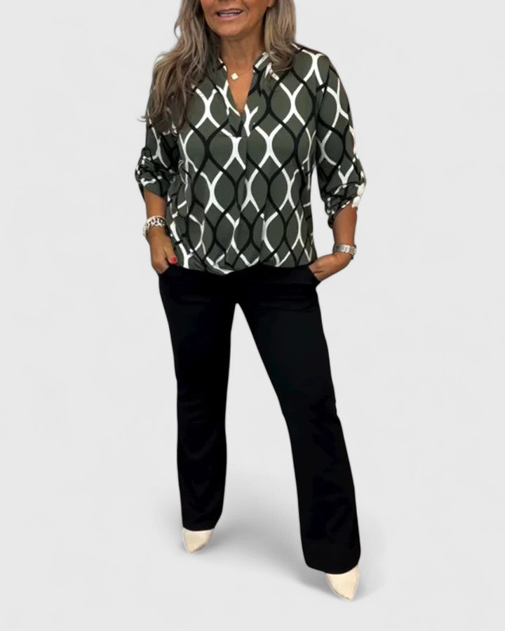 Olive green Calindrah™ sophisticated blouse by Emma & Rose Cape Town, featuring elegant fabric and tailored fit.