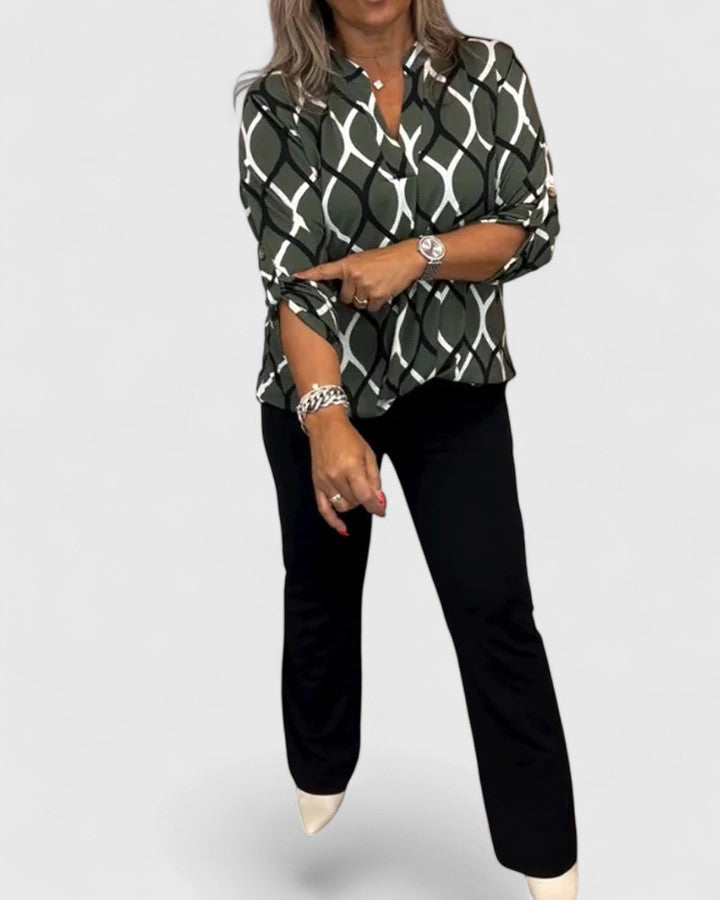 Olive green Calindrah™ sophisticated blouse by Emma & Rose Cape Town, featuring elegant fabric and stylish design.