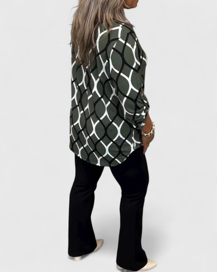 Olive green Calindrah™ sophisticated blouse by Emma & Rose Cape Town, featuring elegant design and tailored fit.