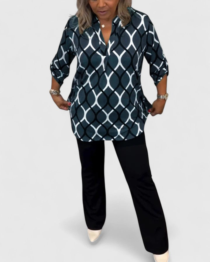 Olive green Calindrah™ sophisticated blouse by Emma & Rose Cape Town, featuring elegant design and lightweight fabric.