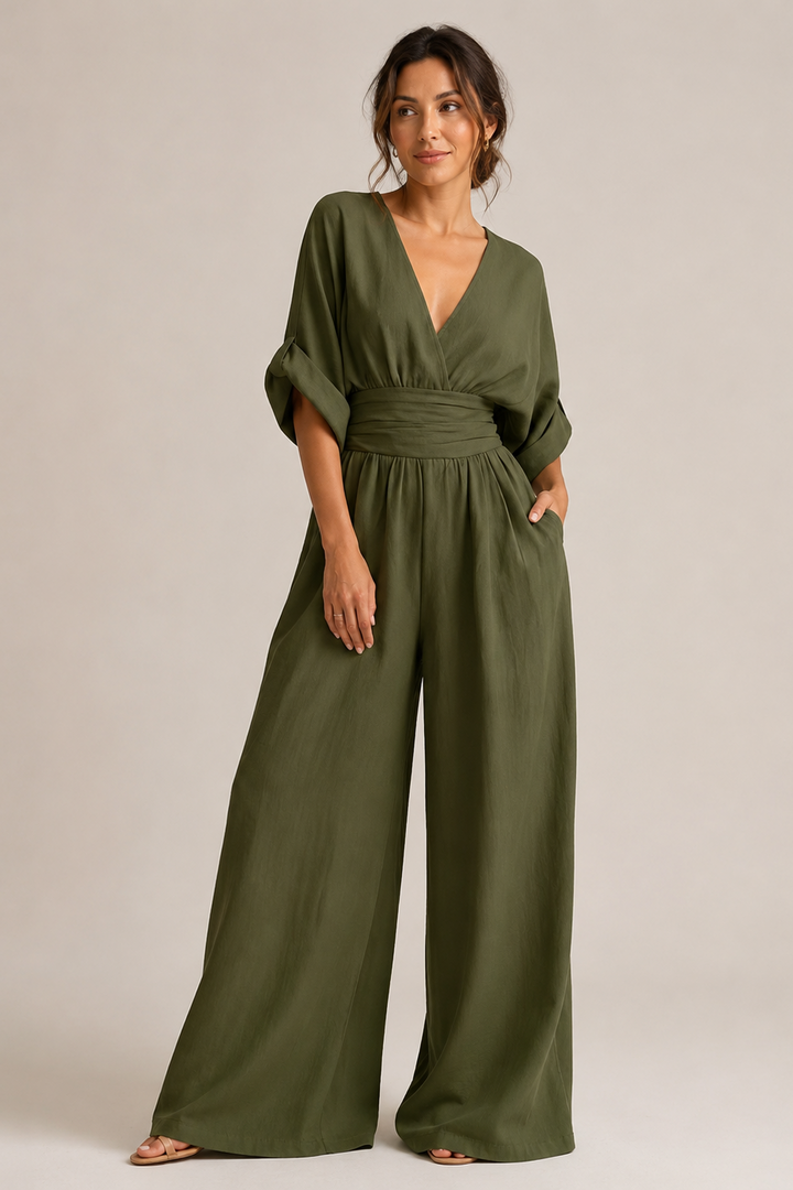 Olive green VIVIENNE Patricia jumpsuit with three-quarter sleeves from Emma & Rose Cape Town, stylish and comfortable.