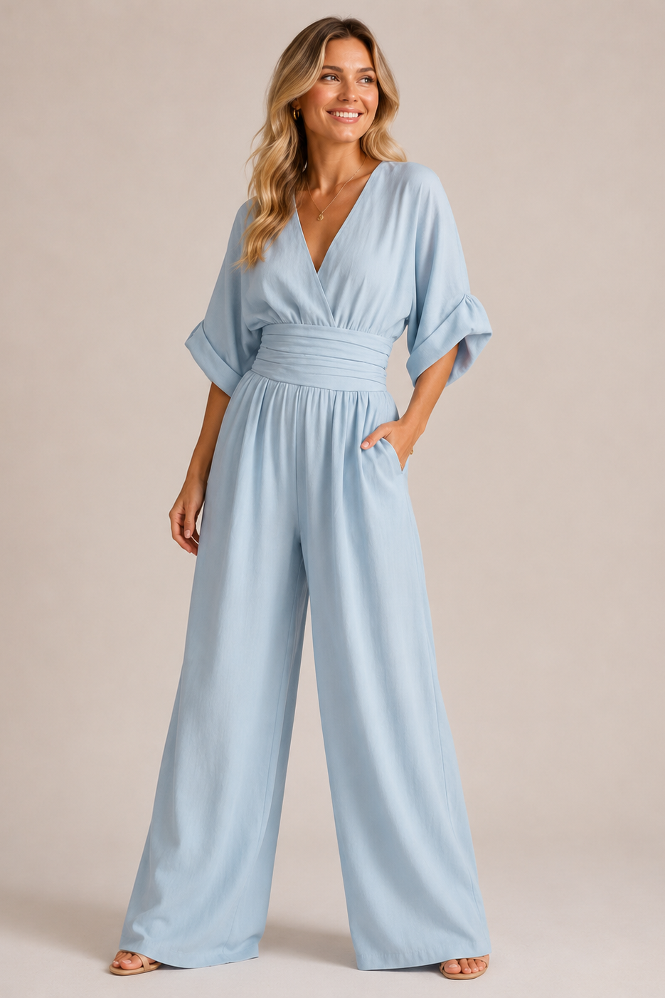 Olive green VIVIENNE Patricia jumpsuit by Emma & Rose Cape Town with three-quarter sleeves, shown on a model.