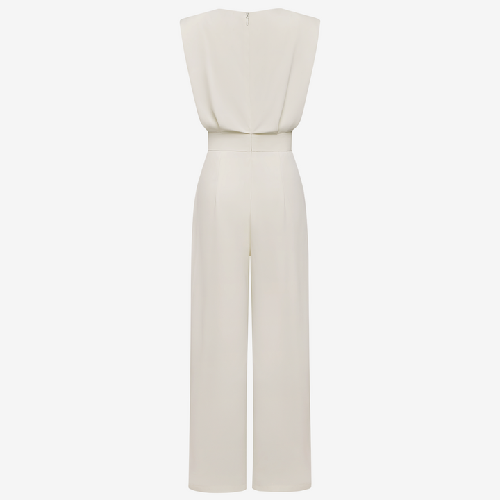 Beige Ariia™ jumpsuit belt from Emma & Rose Cape Town, styled with a sleek, modern one-piece jumpsuit.