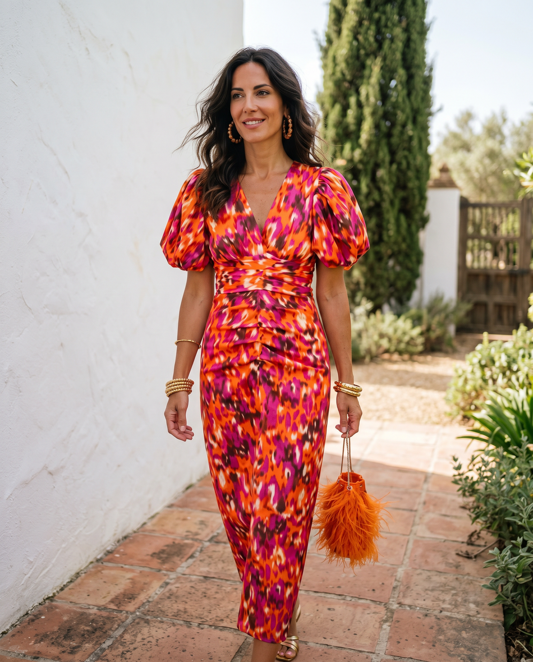 Emma & Rose Cape Town Carla printed midi dress with puff sleeves, featuring vibrant floral pattern and flowy silhouette.