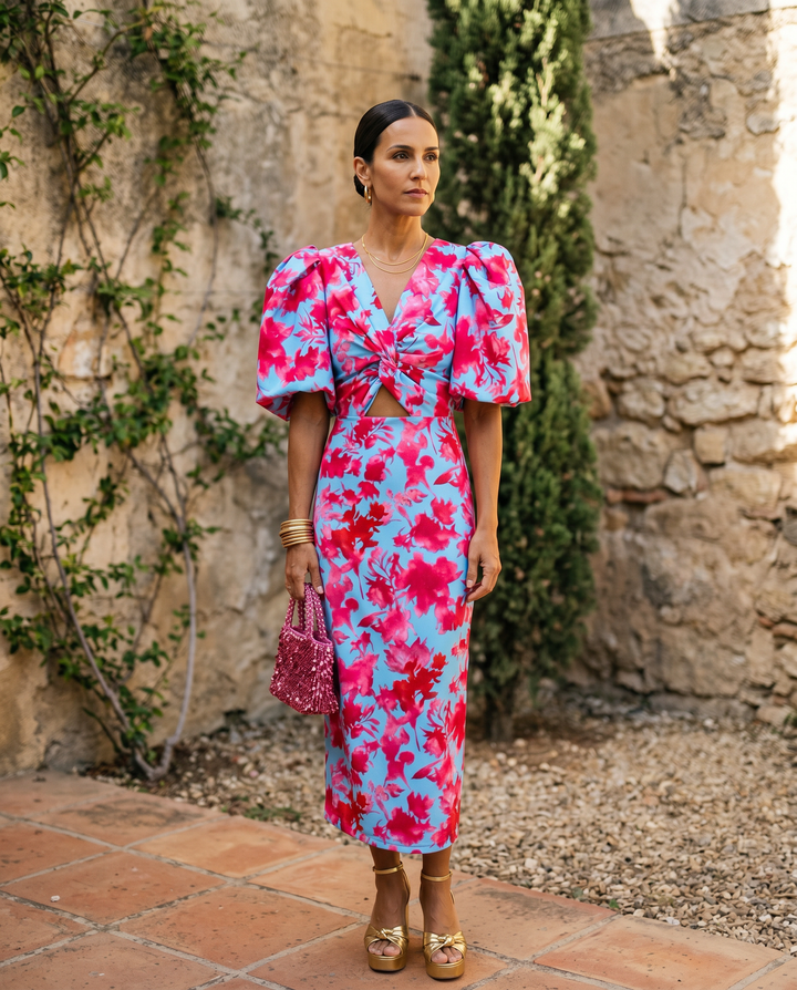 Emma & Rose Cape Town Carla printed midi dress with puff sleeves, vibrant orange fabric, and elegant flowy design.