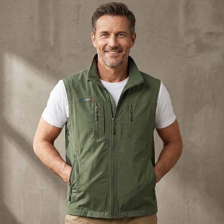 Emma & Rose Cape Town Chantelle men's orange multi-pocket outdoor gilet with multiple functional pockets and lightweight design.