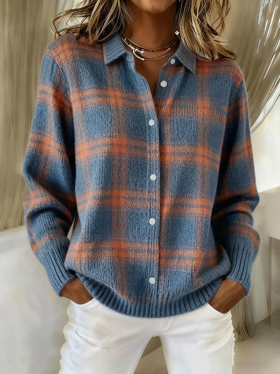 Victoria™ Casual Check Retro Sweater by Emma & Rose Cape Town, orange and white checkered knit sweater for everyday wear.