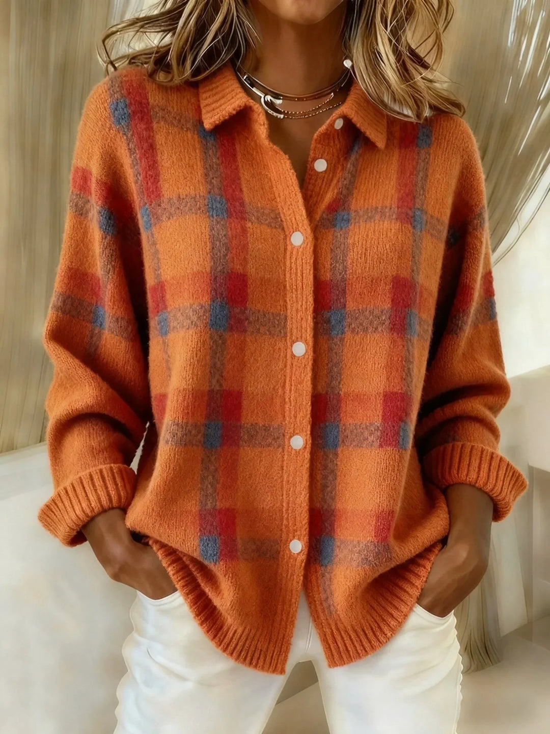 Victoria™ casual check retro sweater by Emma & Rose Cape Town, orange with classic check pattern, cozy knit design.