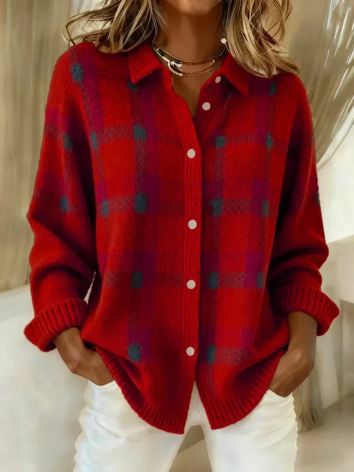 Victoria™ Casual Check Retro Sweater by Emma & Rose Cape Town, orange and white plaid knit sweater with a cozy fit.