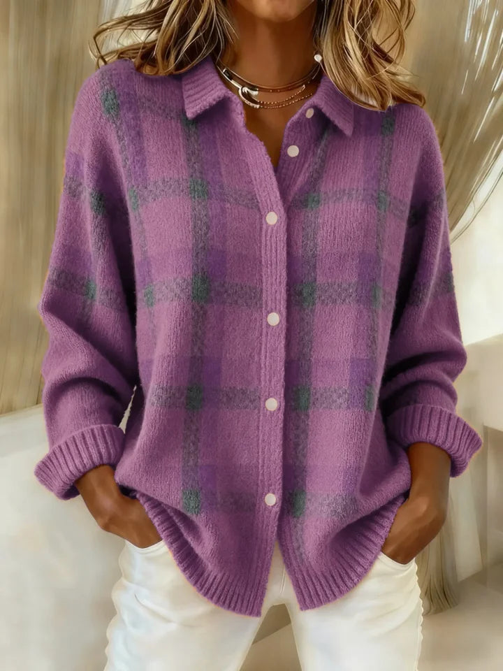 Victoria™ casual check retro sweater by Emma & Rose Cape Town, orange and white plaid knit with a cozy, relaxed fit.
