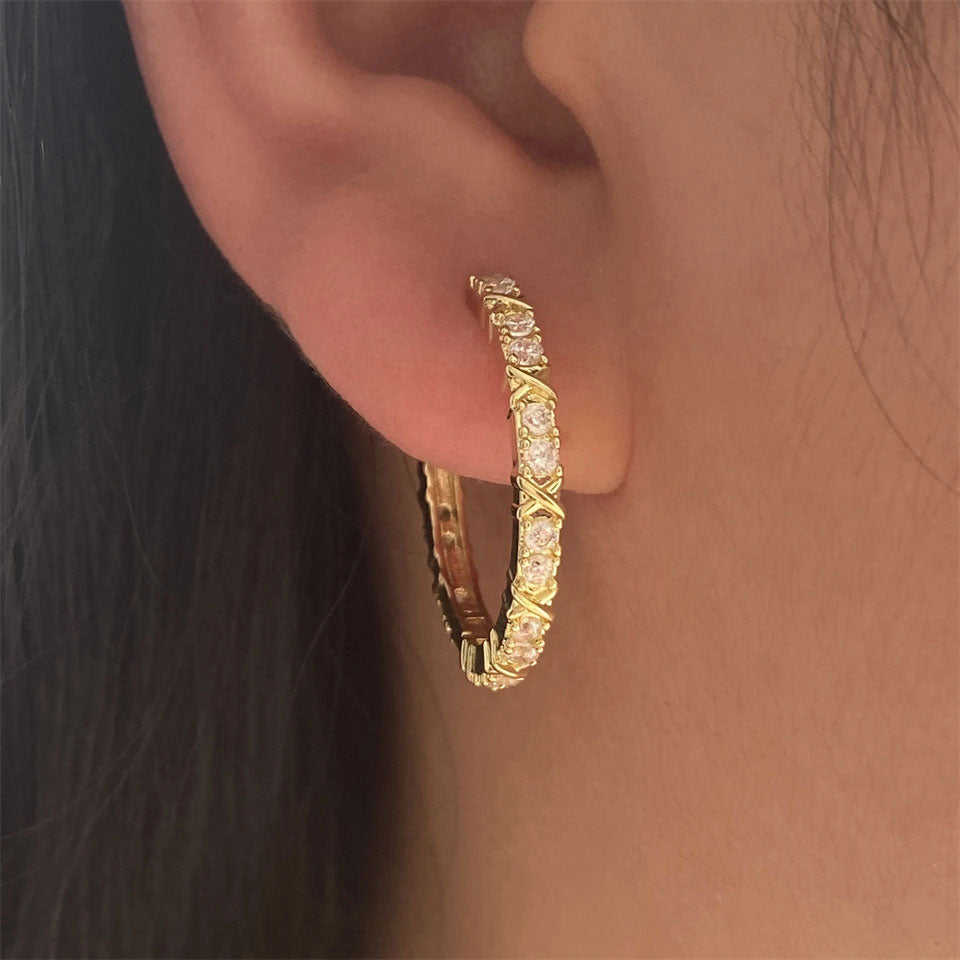 Aurelisse™ gold zirconia cross earrings featuring 22mm hoop earrings by Emma & Rose Cape Town, showcasing elegant jewelry design.