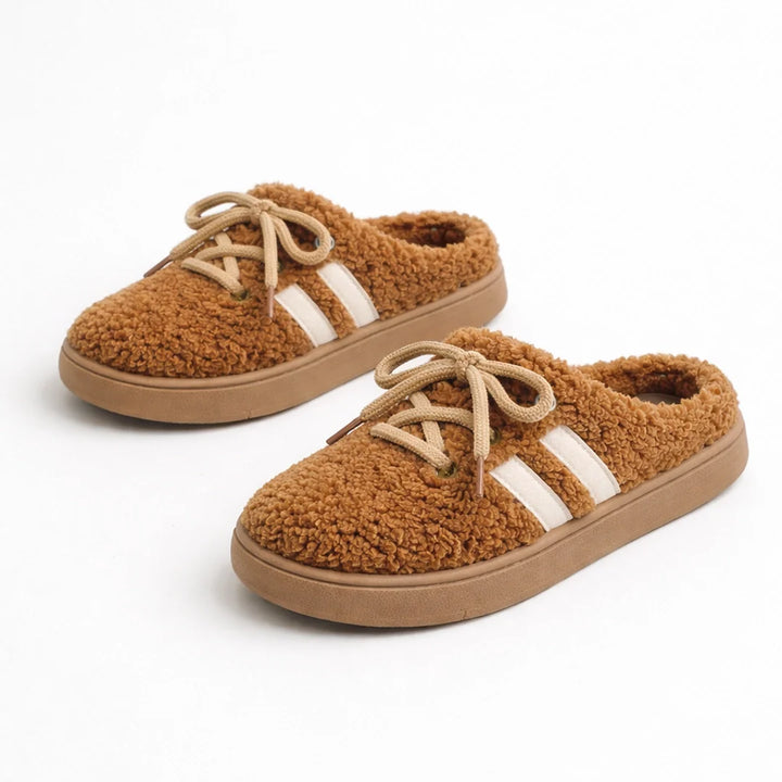 Emma & Rose Cape Town Lara Cozy Run slippers in coffee color, soft fabric with slip-on design for comfortable indoor wear.