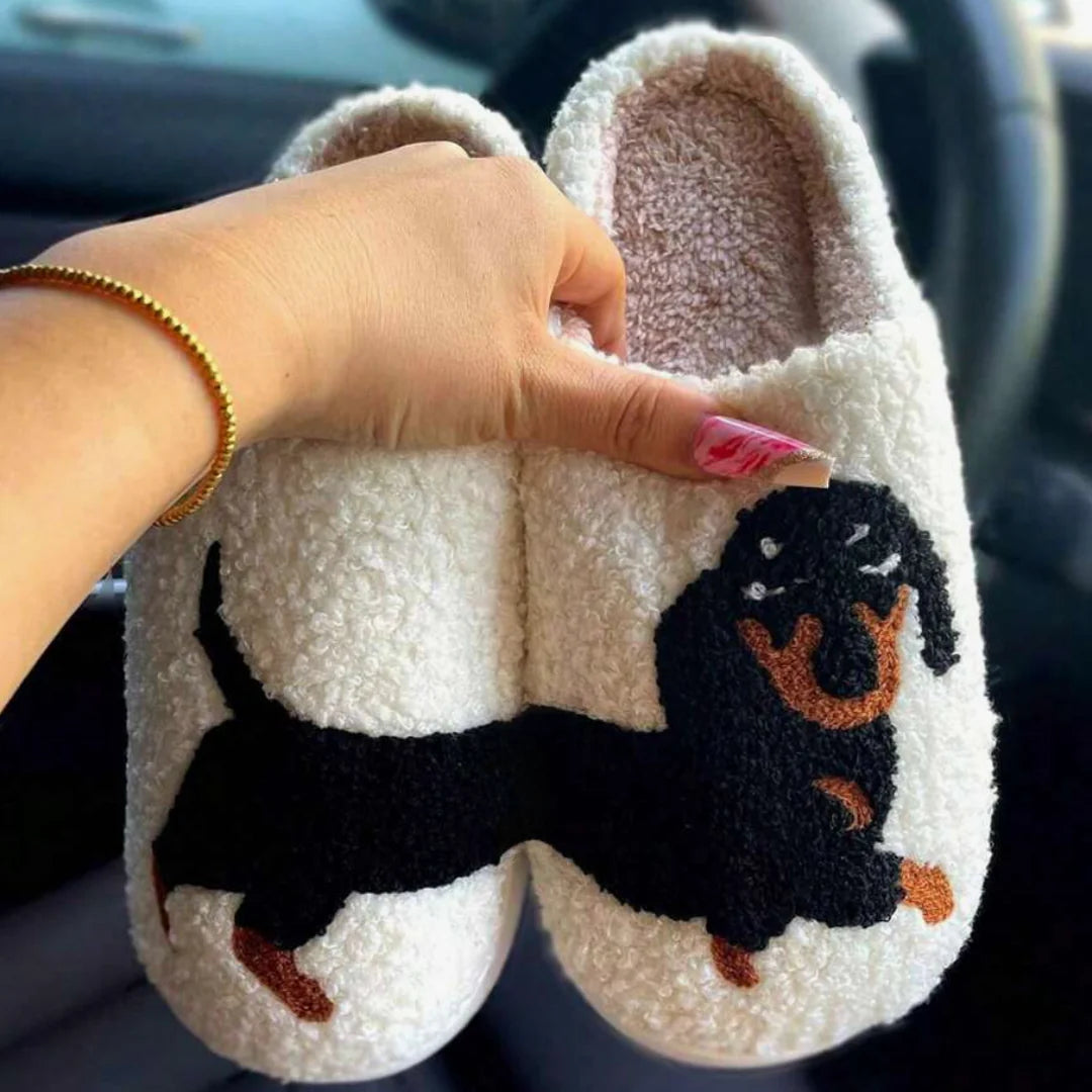 Karina™ soft canine slippers in white, cozy pantoufles doux canidé by Emma & Rose Cape Town, size 35-36, on a white background.