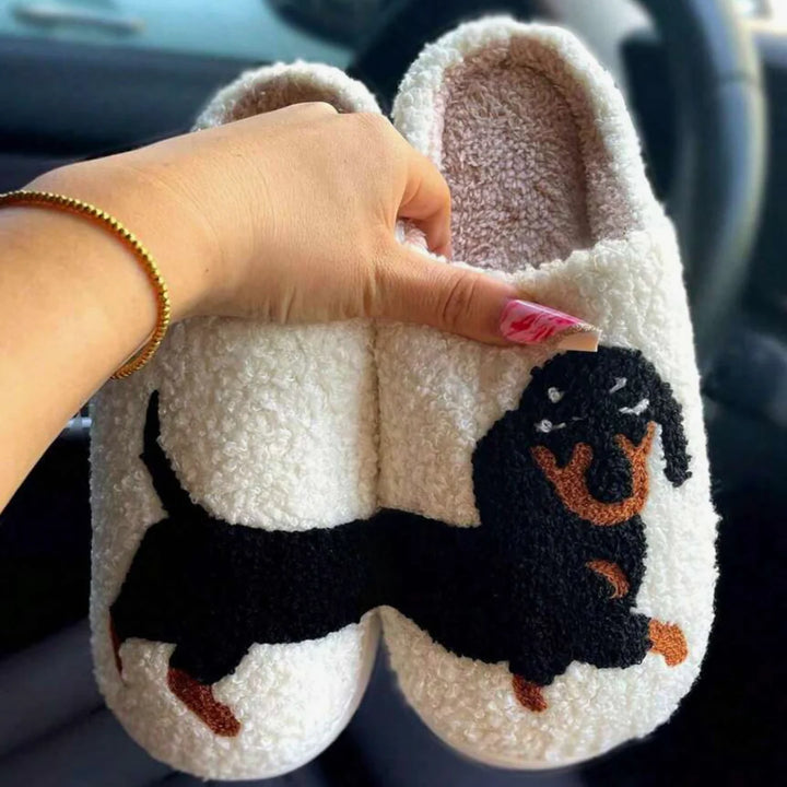 Karina™ soft canine slippers in white, cozy pantoufles doux canidé by Emma & Rose Cape Town, size 35-36, on a white background.