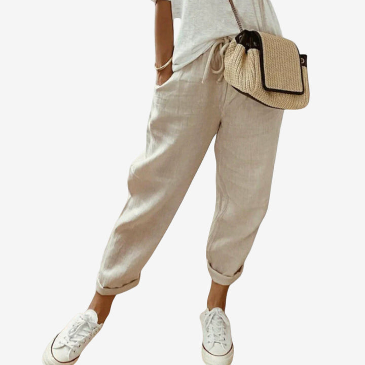 Beige Mimi™ Stretch Trousers by Emma & Rose Cape Town, casual pants with a comfortable fit and classic design.