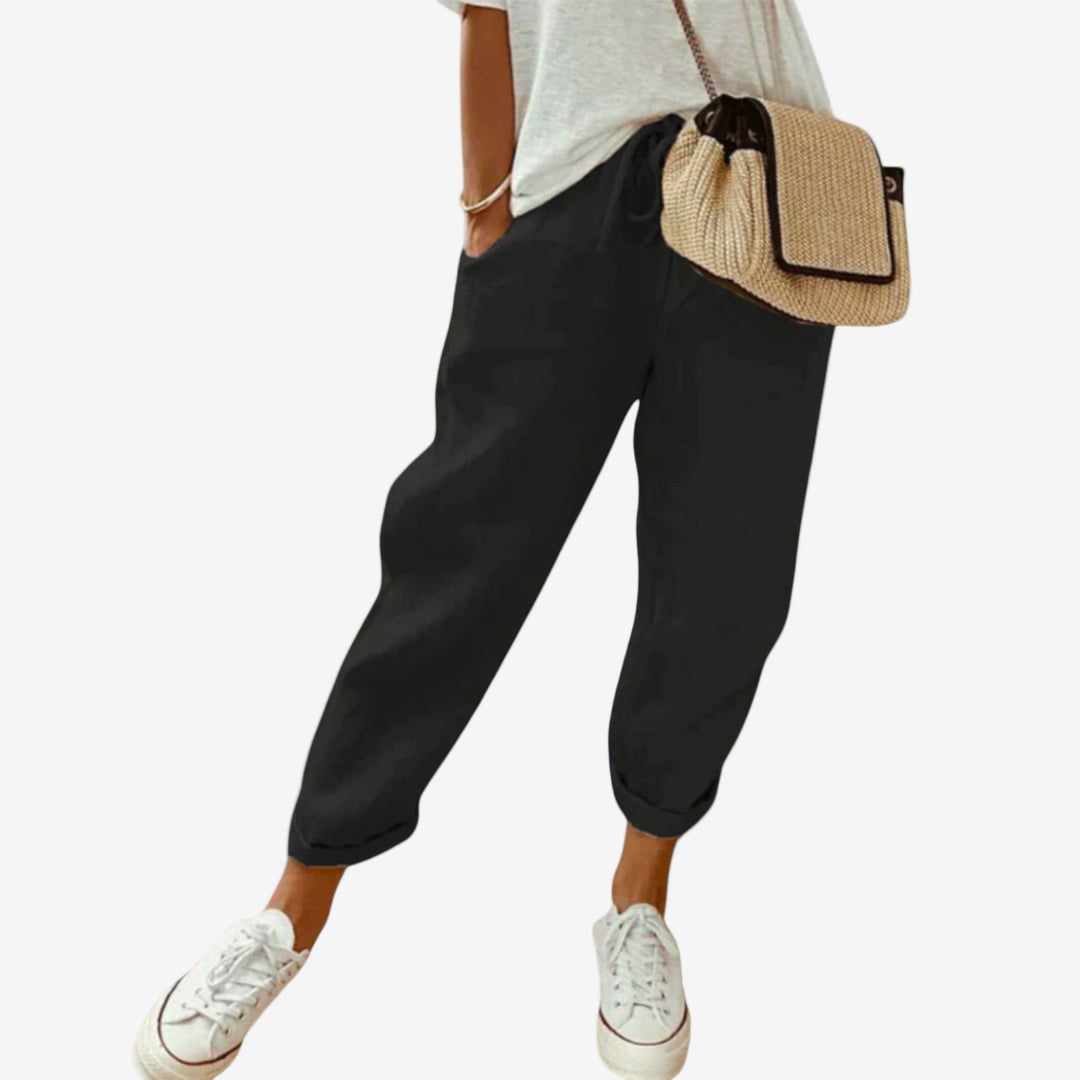 Beige Mimi™ Stretch Trousers by Emma & Rose Cape Town, casual pants with a comfortable fit and stylish design.
