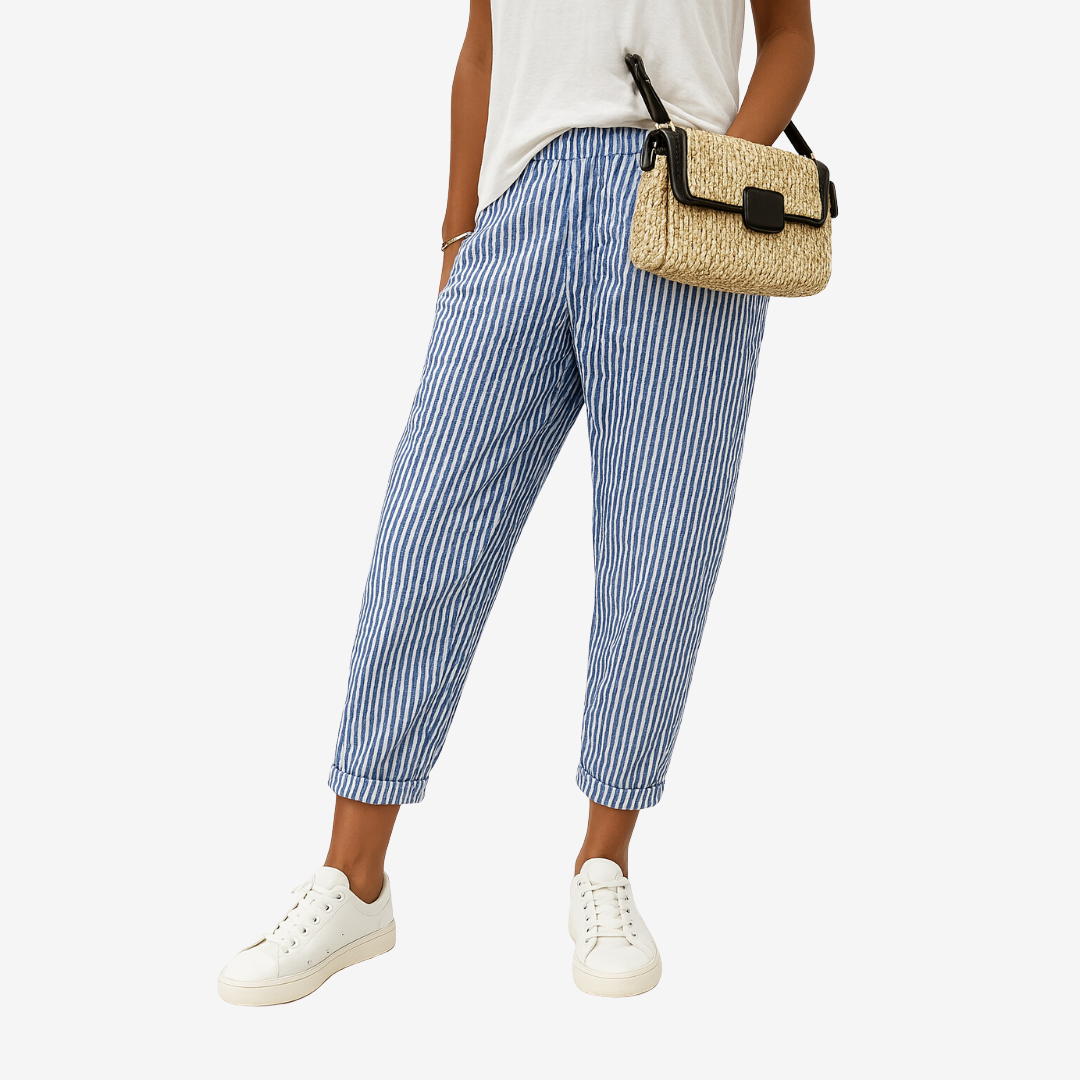Emma & Rose Cape Town Noémie™ Fluid Summer Trousers in blue, lightweight pants with a relaxed fit and breathable fabric.