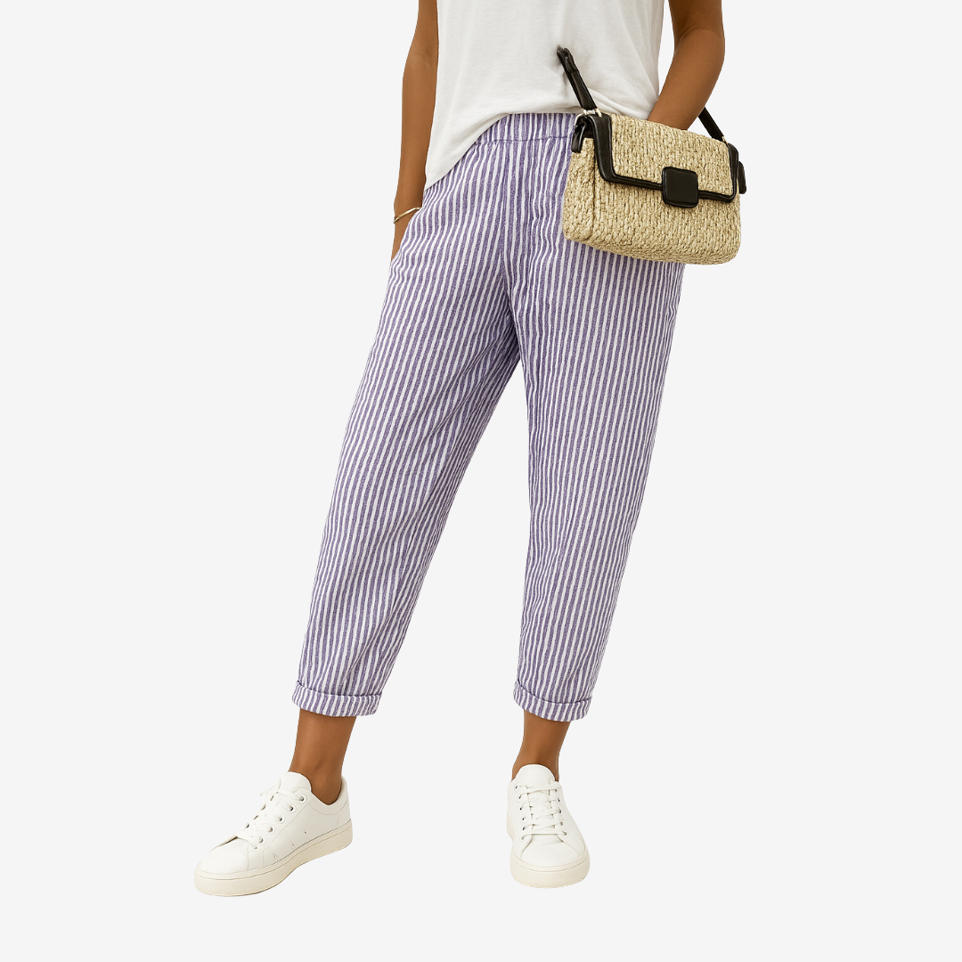 Blue Noémie™ Fluid Summer Trousers by Emma & Rose Cape Town, lightweight pants with a relaxed fit and stylish design.
