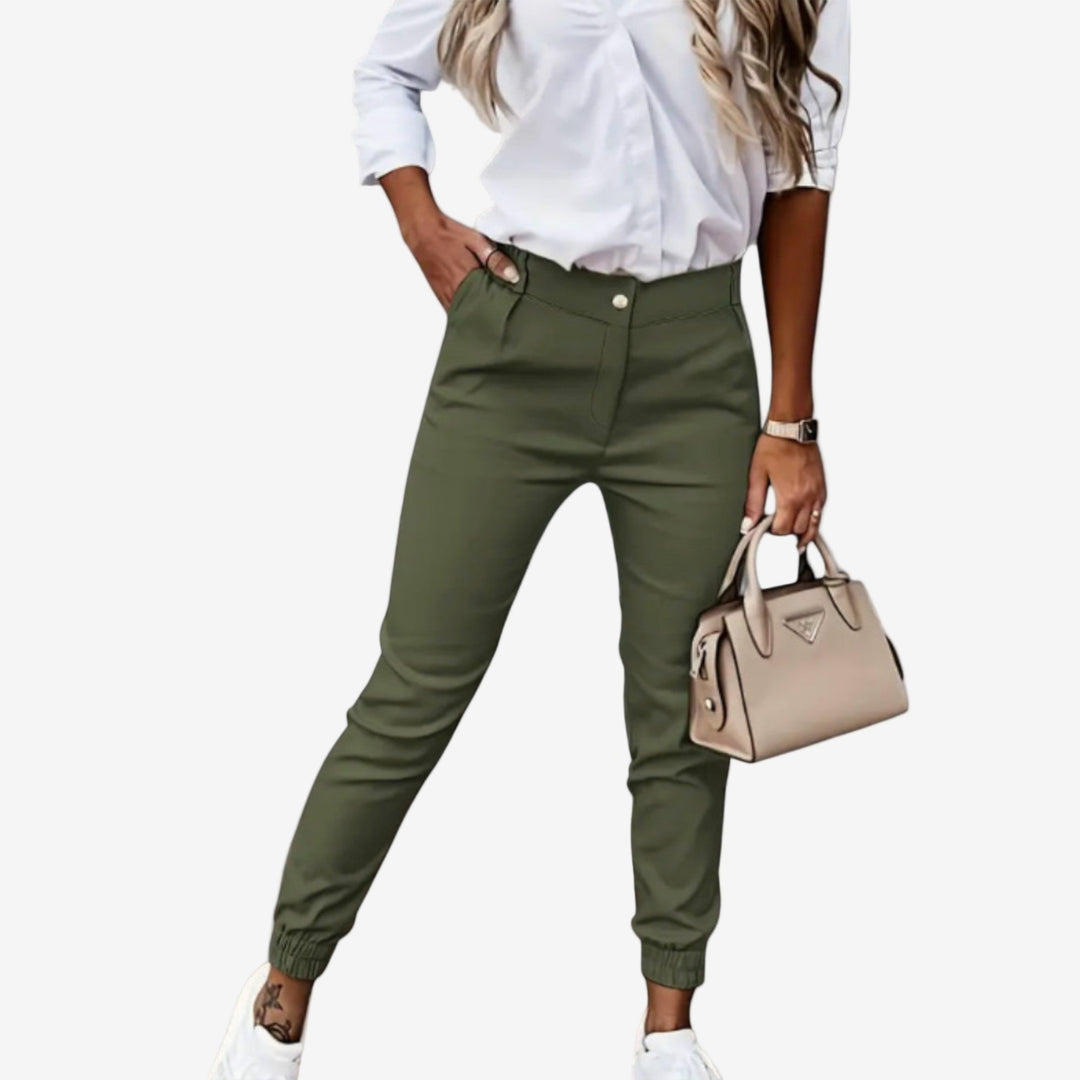 Green Melania™ Slim Fit Trousers by Emma & Rose Cape Town, stylish pants with a tailored fit and modern design.