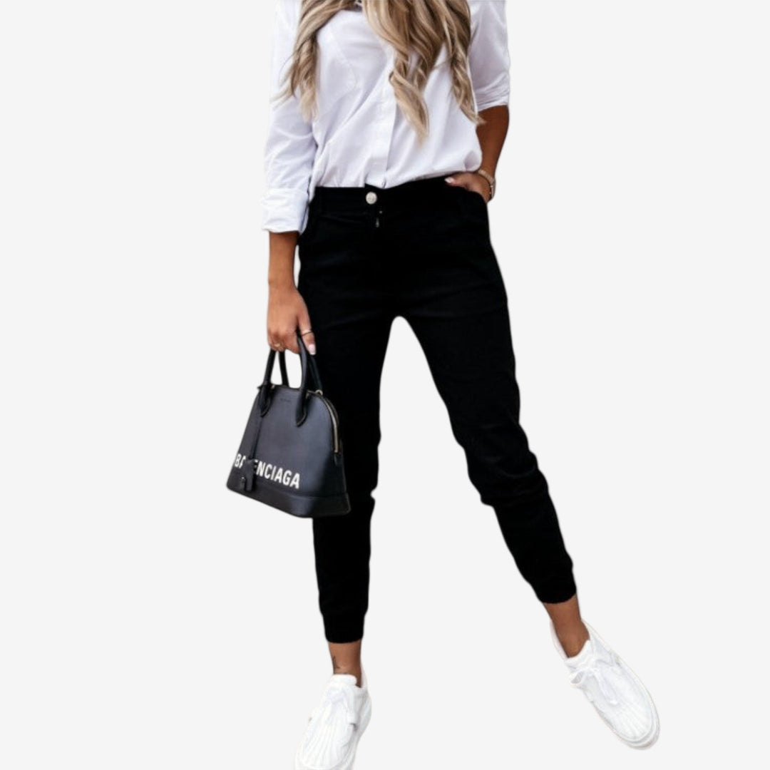 Green Melania™ Slim Fit Trousers by Emma & Rose Cape Town, stylish pants with a slim fit and tailored design.