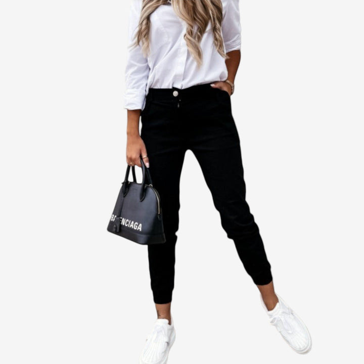 Green Melania™ Slim Fit Trousers by Emma & Rose Cape Town, stylish pants with a slim fit and tailored design.