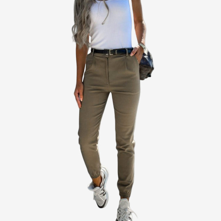 Green Melania™ Slim Fit Trousers by Emma & Rose Cape Town, stylish tailored pants for a sleek, modern look.