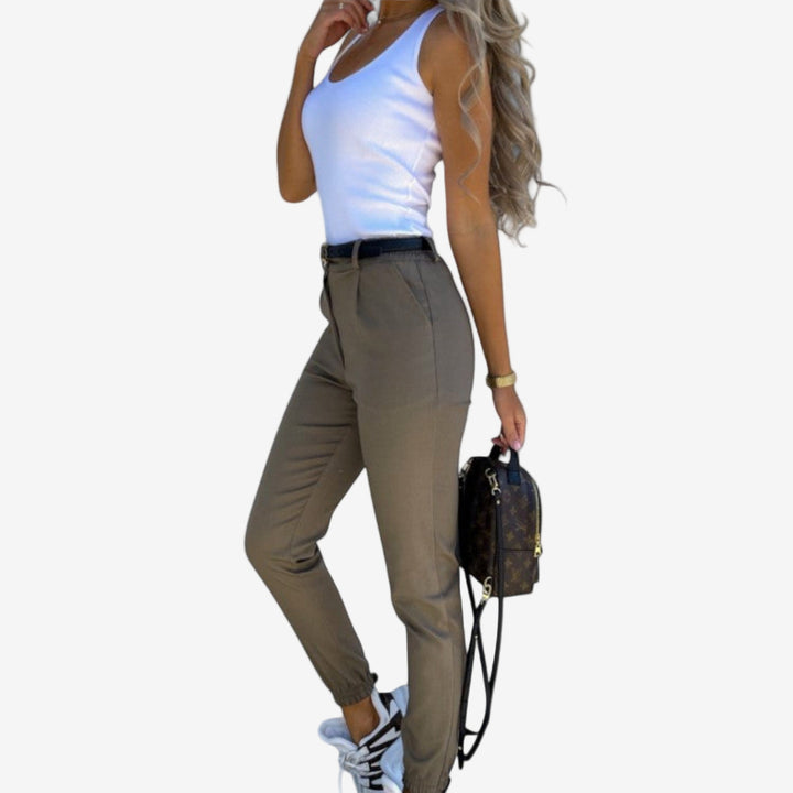 Green Melania™ Slim Fit Trousers by Emma & Rose Cape Town, stylish tapered pants with a modern fit and clean design.