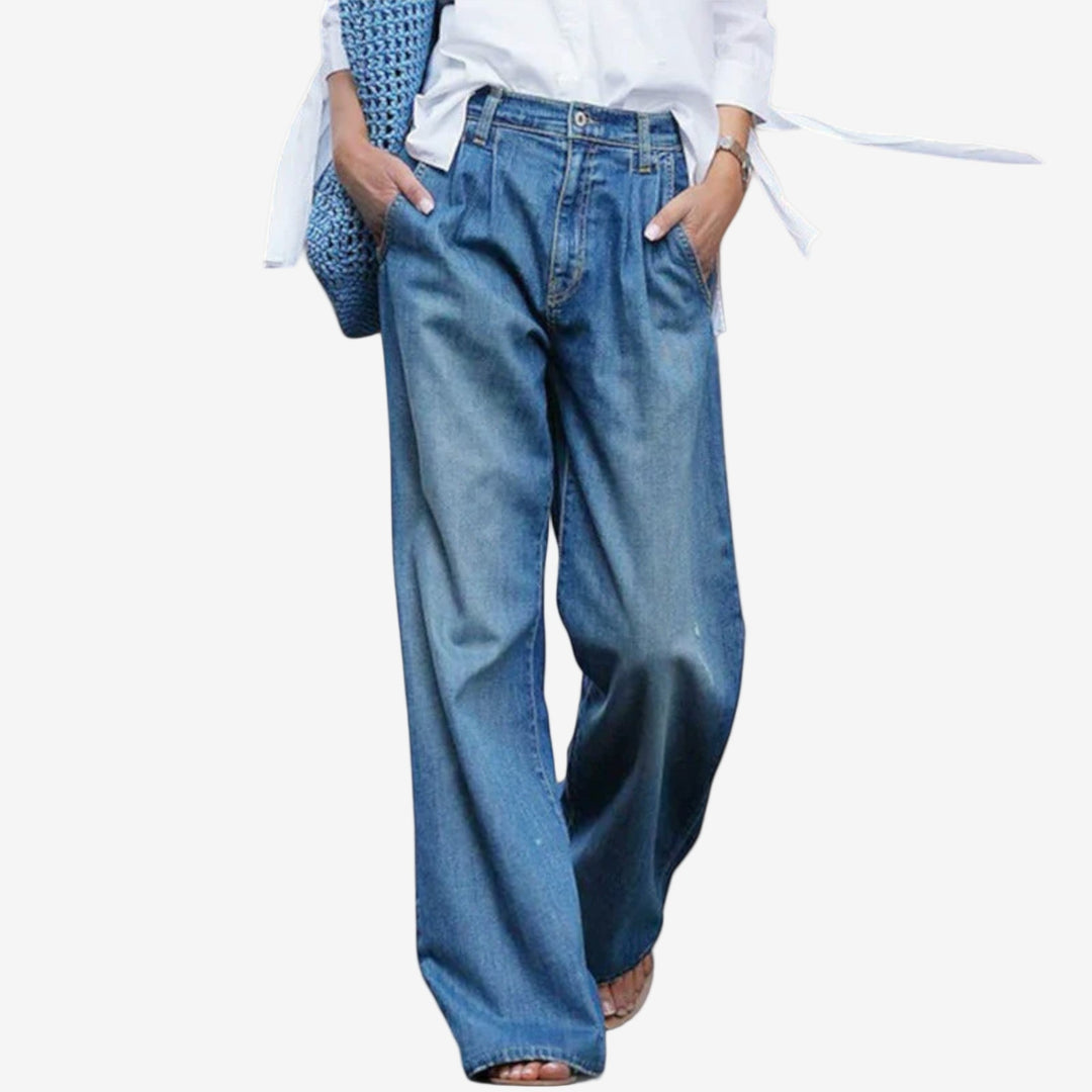 Emma & Rose Cape Town Leora™ wide-leg jeans, stylish denim pants with a relaxed fit and high-rise waist, full-length view.
