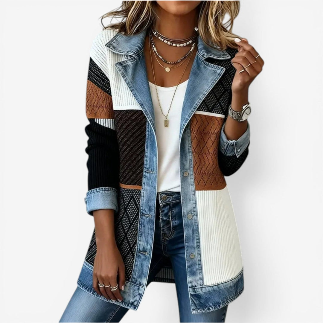 Emma & Rose Cape Town Emilia™ mixed denim jacket worn with pants, featuring stylish denim fabric and a casual fit.
