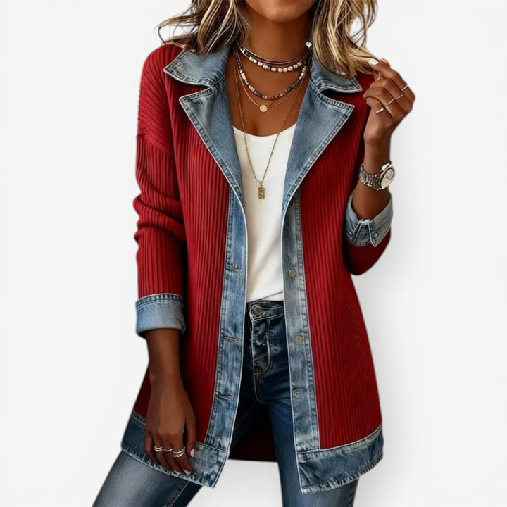 Emma & Rose Cape Town Emilia™ mixed denim jacket, stylish pants with a casual, trendy look in white denim fabric.
