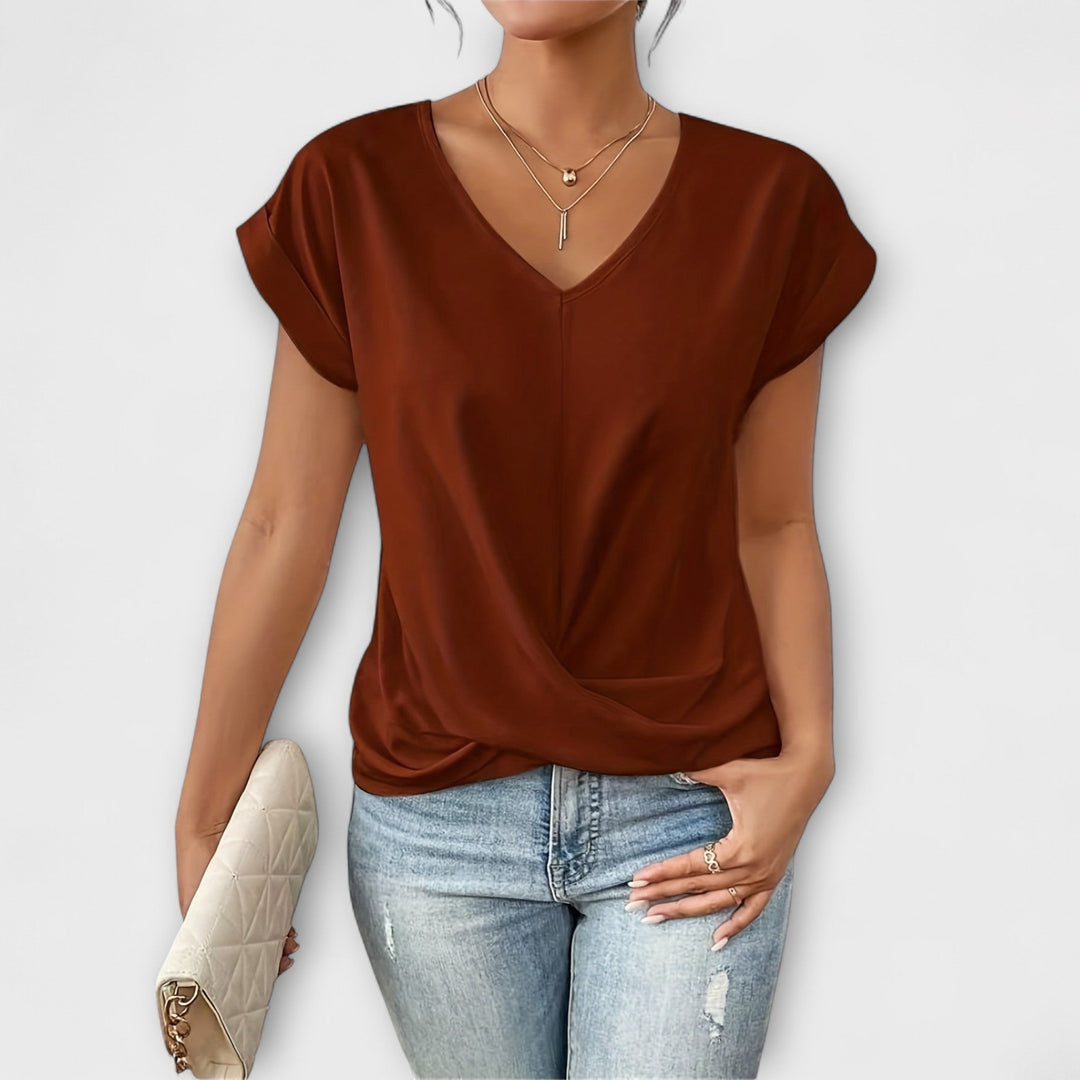 Pink Carlinda™ elegant V-neck top from Emma & Rose Cape Town, featuring a stylish and comfortable design.