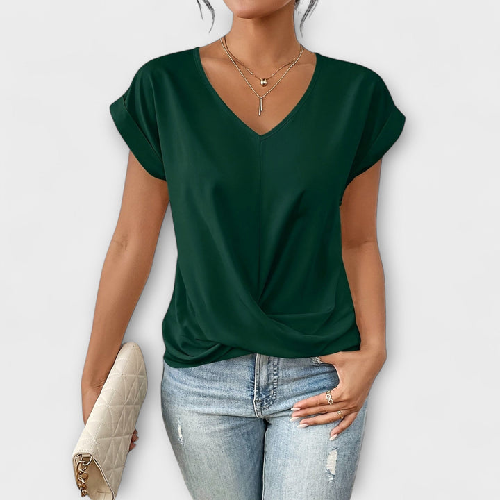 Pink Carlinda™ Elegant V-neck Top by Emma & Rose Cape Town, showcasing a stylish V-neck design and soft fabric.