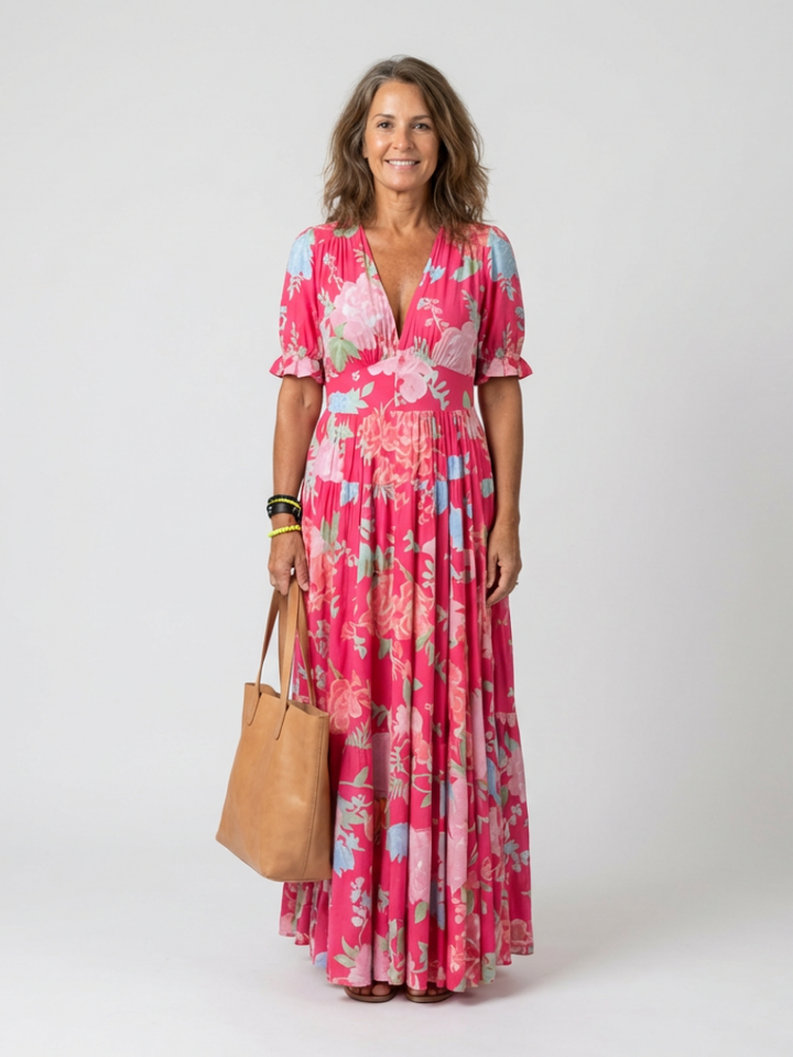 Pink Ione™ neck floral midi dress by Emma & Rose Cape Town, featuring a fitted waist and elegant floral print.