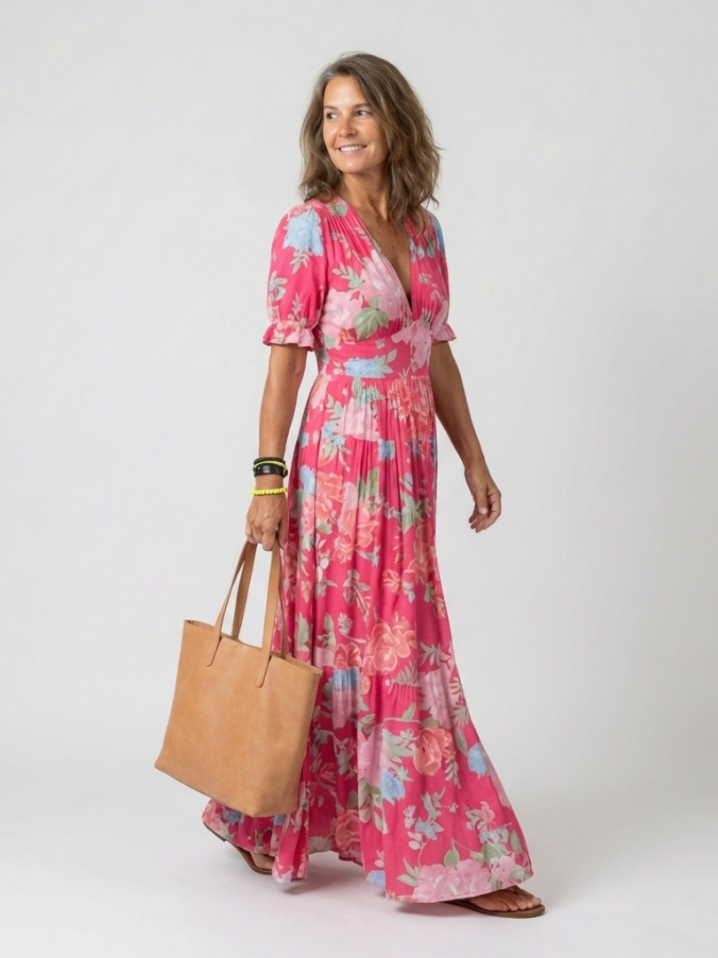 Pink Ione™ neck floral midi dress by Emma & Rose Cape Town displayed on a hanger with floral pattern and midi length.