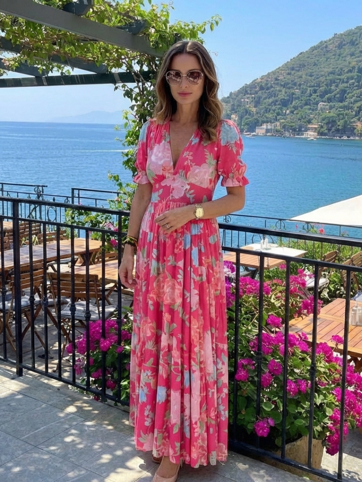 Pink Ione™ Neck Floral Midi Dress by Emma & Rose Cape Town, featuring a fitted bodice and flowing skirt, perfect for elegant occasions.