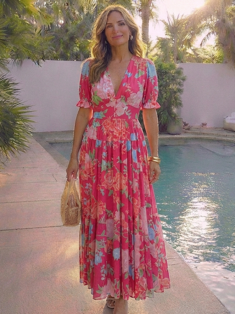 Pink Ione™ Neck Floral Midi Dress by Emma & Rose Cape Town, featuring a fitted waist and elegant floral pattern.