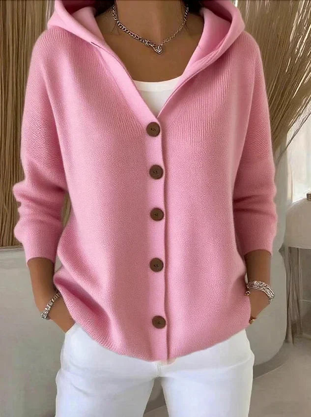 Pink Zulo™ soft hooded cardigan by Emma & Rose Cape Town, shown laid flat with front view and cozy fabric detail.