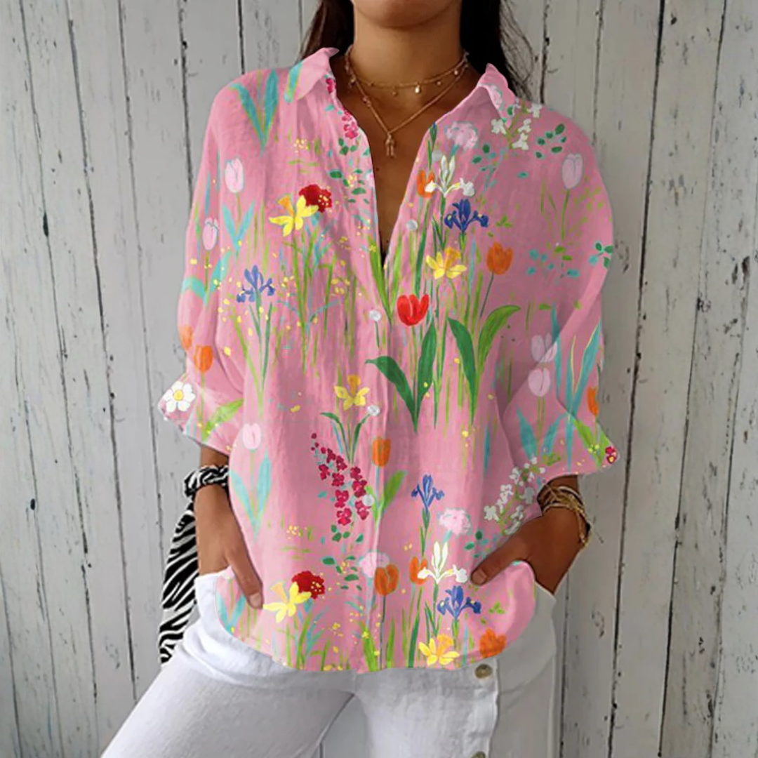 Emma & Rose Cape Town Sophia Spring Garden Blouse in pink, lightweight floral blouse with long sleeves and feminine design.