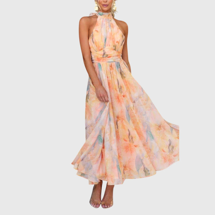 Emma & Rose Cape Town Halter Maxi Dress, flowing fabric with a stylish halter neckline, perfect for elegant summer occasions.