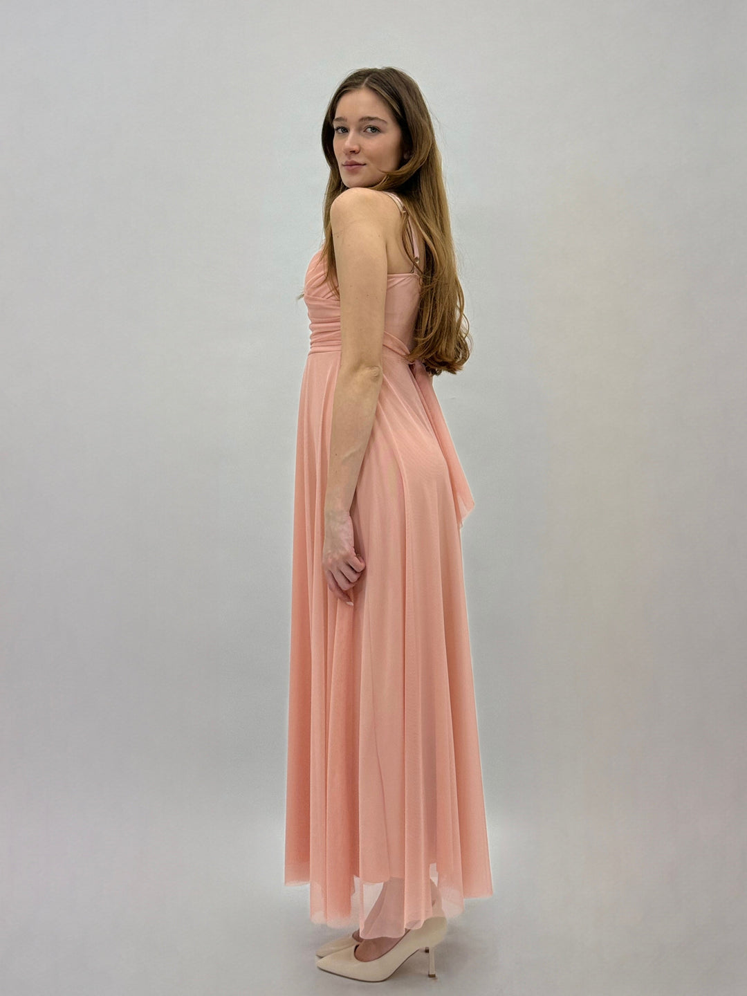 Red Allegra™ flowing dress by Emma & Rose Cape Town, showcasing lightweight fabric and elegant drape on a model.