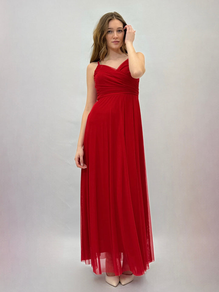 Red Allegra™ flowing dress by Emma & Rose Cape Town, showcasing a lightweight, elegant fabric with a relaxed fit.