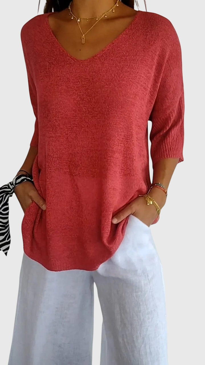 Emma & Rose Cape Town Cassandra V-neck top in red, elegant women's blouse with a stylish V-neck design.