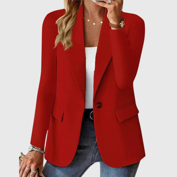 Red Harper™ formal blazer by Emma & Rose Cape Town, tailored fit with lapel collar and button closure, displayed on a mannequin.