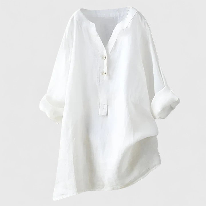 Red Larienne™ elegant button-front shirt by Emma & Rose Cape Town, shown with a tailored fit and classic collar design.