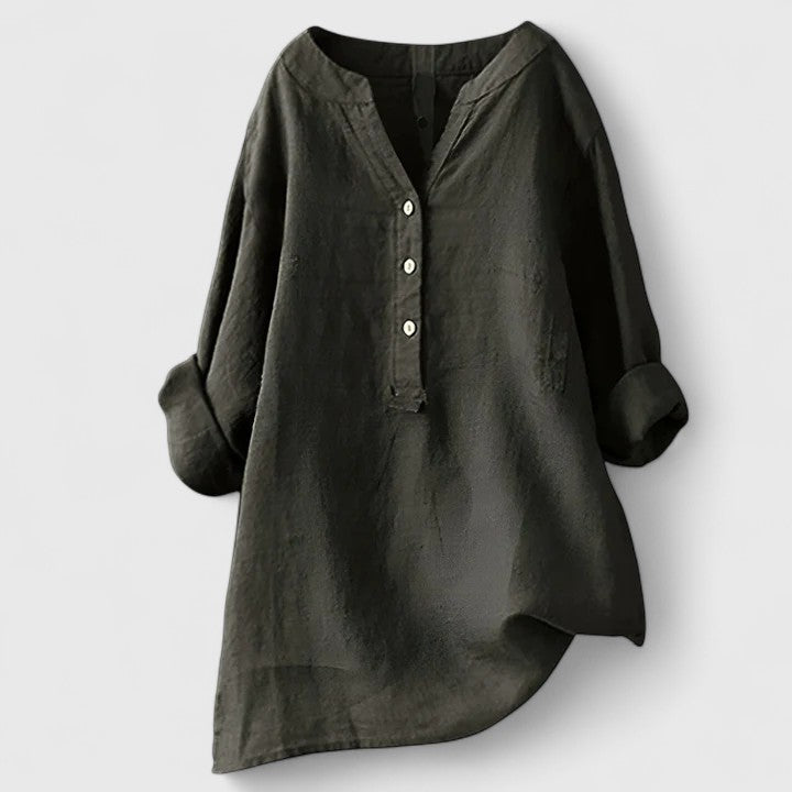 Red Larienne™ elegant button-front shirt by Emma & Rose Cape Town, shown on a model with a tailored fit and classic collar.