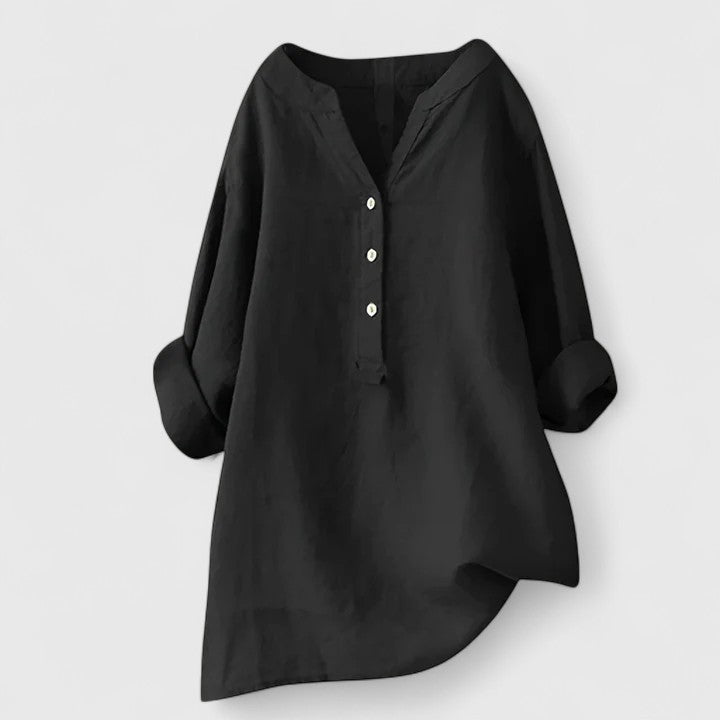 Red Larienne™ elegant button-front shirt by Emma & Rose Cape Town, shown on a model with a tailored fit and classic collar.