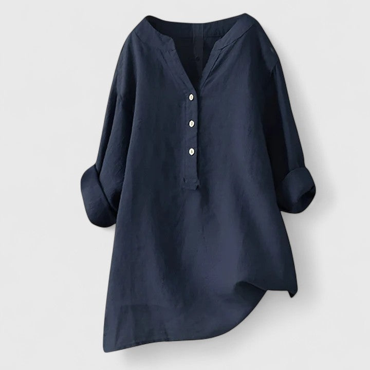 Red Larienne™ elegant button-front shirt by Emma & Rose Cape Town, shown flat with collar and long sleeves.